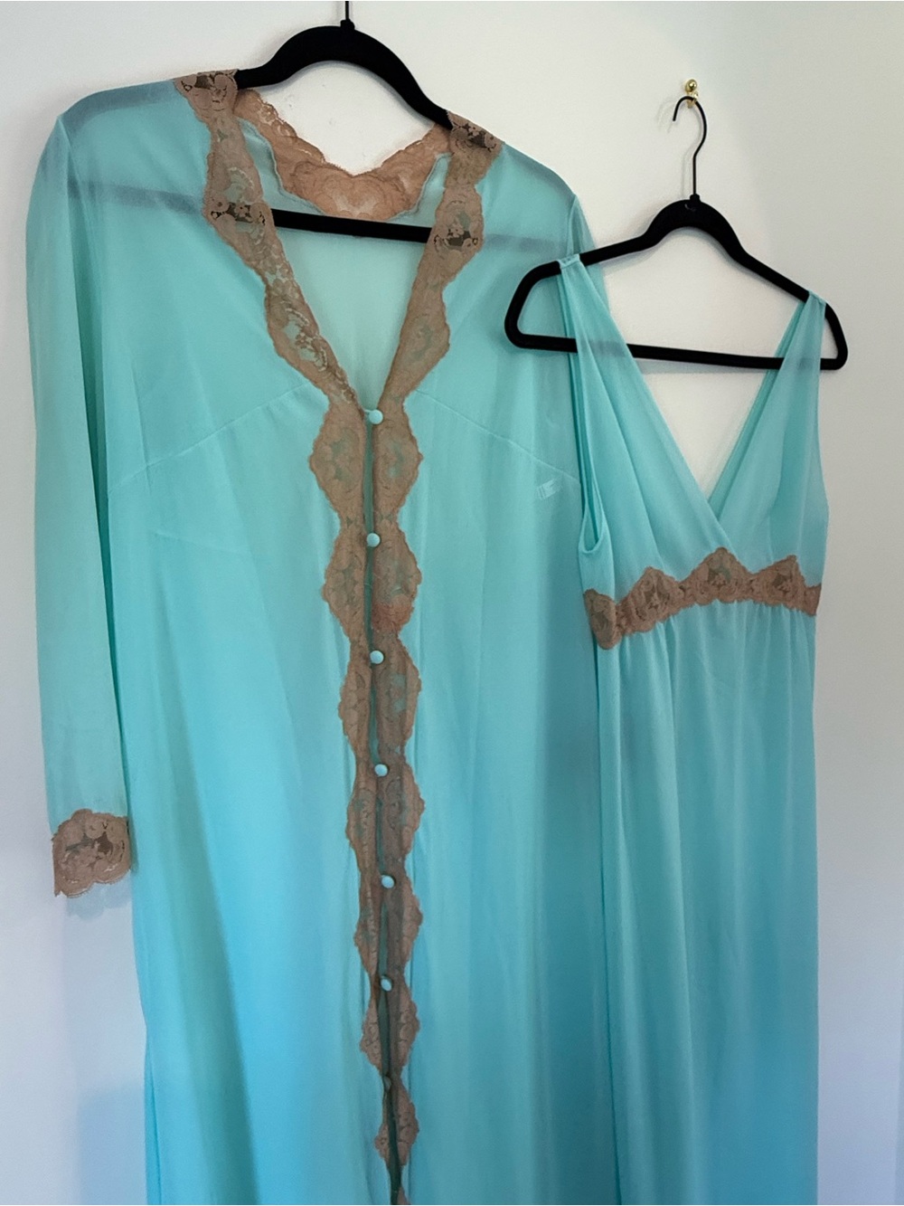 Vintage Emilio Pucci Aqua Nightgown and Robe Set with Tan Lace - Picture 2 of 16